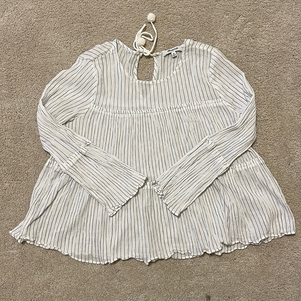 XS Madewell Blouse with Pom Tie Detail and Fringe Sleeves
